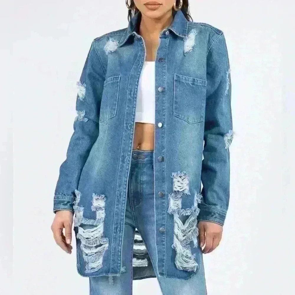 America Bazi Distressed Button Up Long Sleeve Denim Jacket (512)